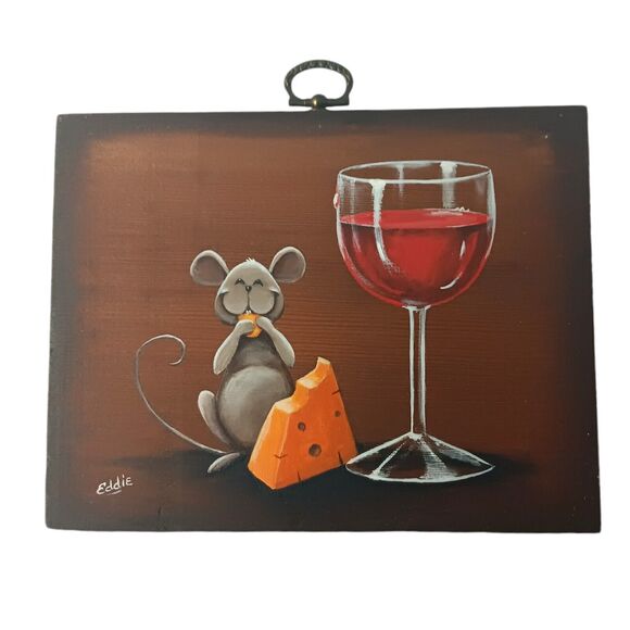 Mouse With Cheese And Wine Original Painting On Wood Signed Eddie Handpainted #3 - Picture 1 of 8
